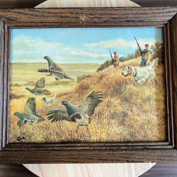 Vtg Tom Beecham Hungarian Partridge Hunting Dog Print On Board Framed 14x11x1 - Picture 4 of 9